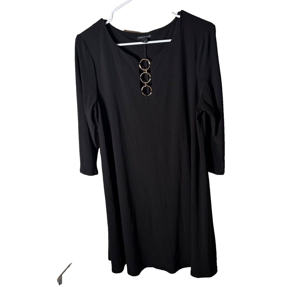 Roz & Ali Dress Women's Large Shift Keyhole 3/4 Sleeve Career Black Solid